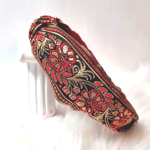 JEWELTONE JACQUARD SATIN FABRIC top knot red gold black headband - Picture 2 of 9